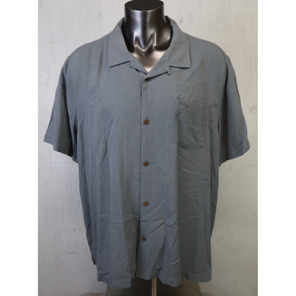 Tommy Bahama Hawaiian Button Front Shirt Size XL Solid Gray Loop Collar Solid